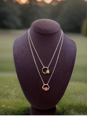 Vintage Set Of 2 Pansy Floral Inspiration Necklaces Avon Silvertone Pink Yellow